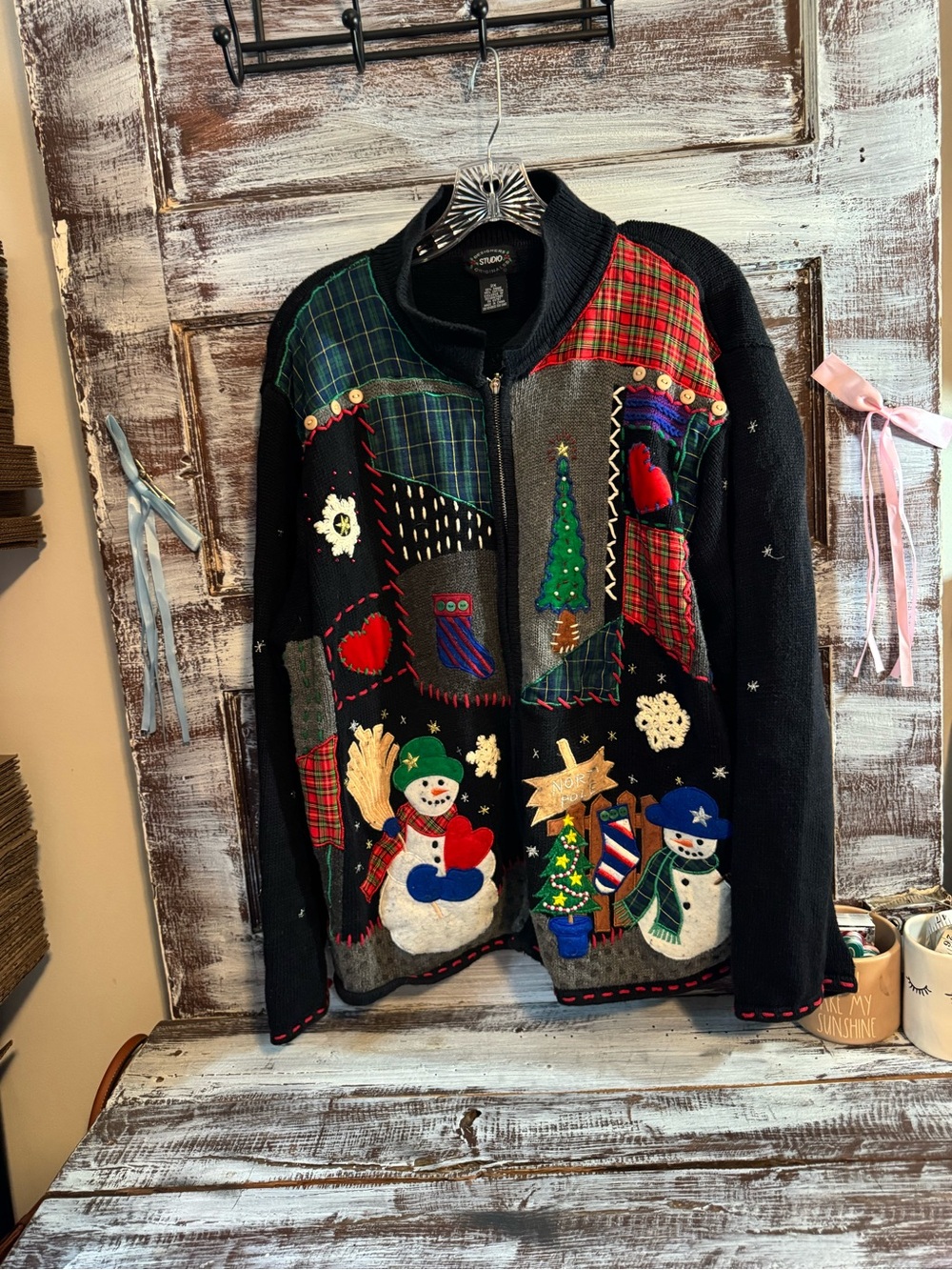 Black Holiday Patchwork Snowman Zip-Front Cardigan